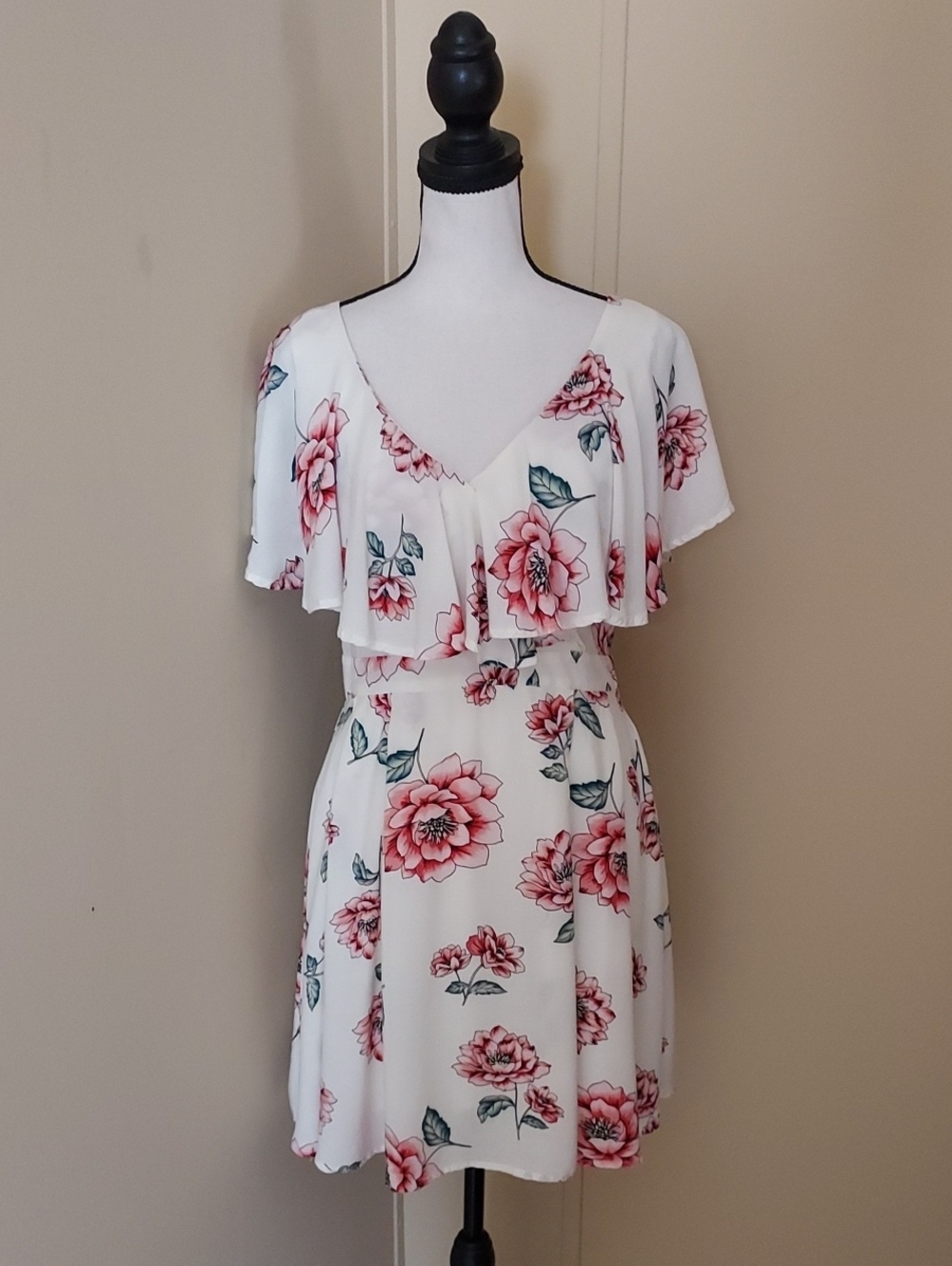 Impressions White V-Neck Floral Mini Dress with Flutter Sleeves